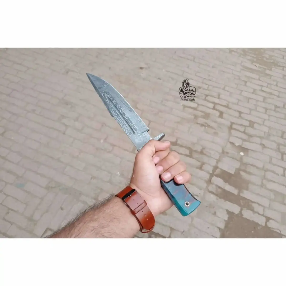 Handmade Damascus Clip Point Bowie Knife, Custom Resin Handle Bowie, Modern Bowie Knife With Leather Sheath, Jw Steelcrafts 2