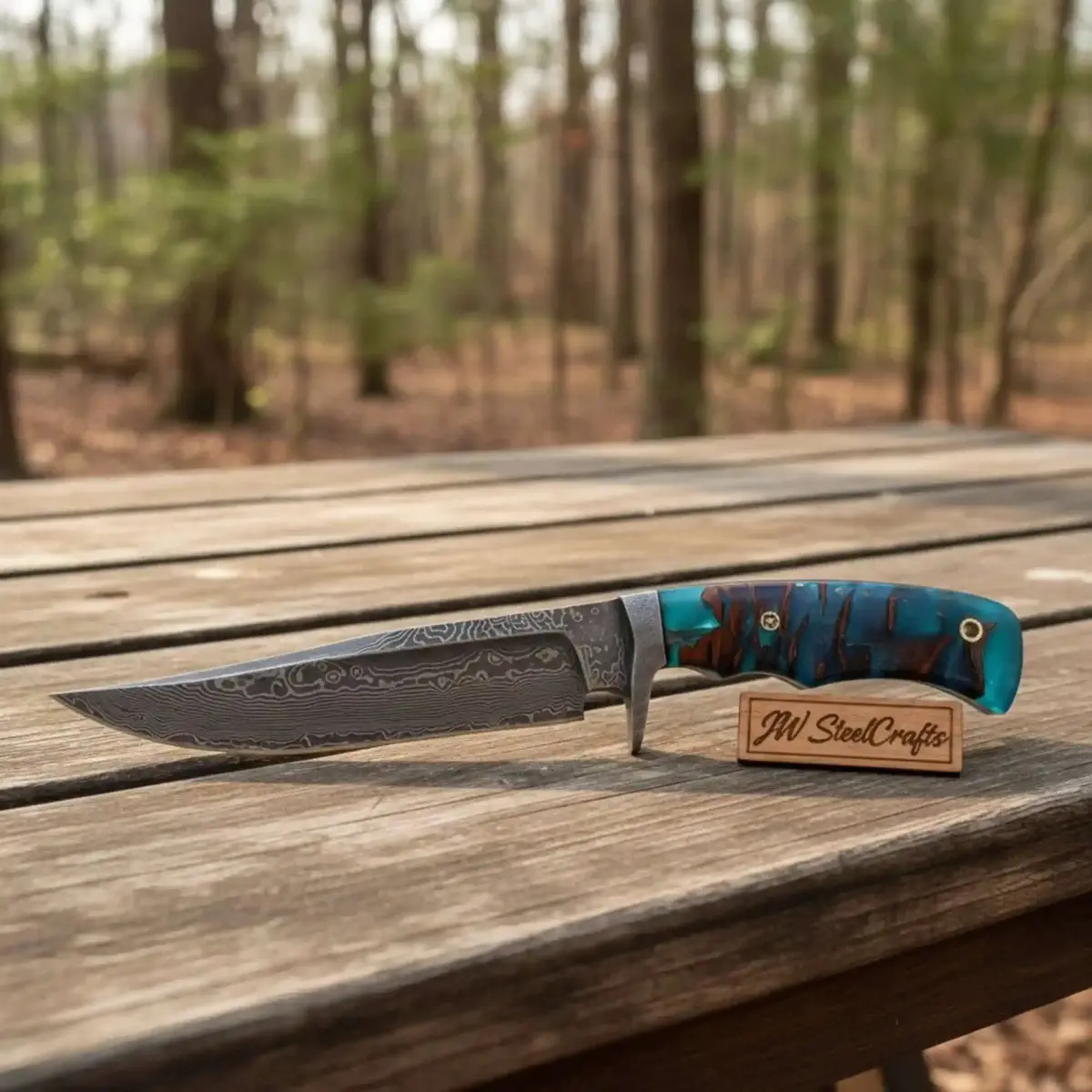 Handmade Damascus Clip Point Bowie Knife, Custom Resin Handle Bowie, Modern Bowie Knife With Leather Sheath, Jw Steelcrafts 1