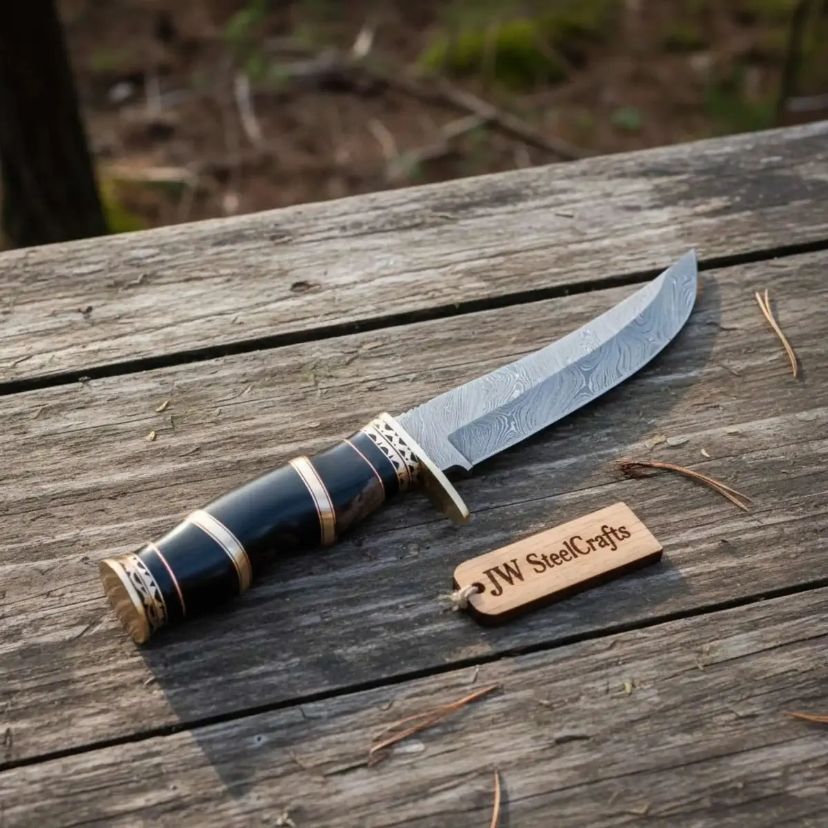 Handmade Damascus Clip Point Bowie Knife, Custom Stacked Wood Handle Fixed Blade 1