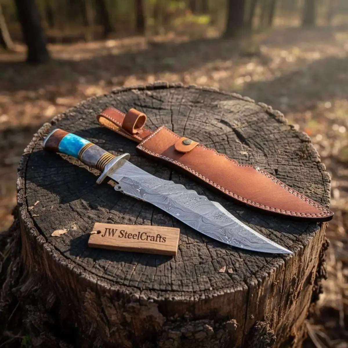 Handmade Damascus Clip Point Bowie Knife Stacked Bone And Wood Handle Fixed Blade Jw Steelcrafts 1