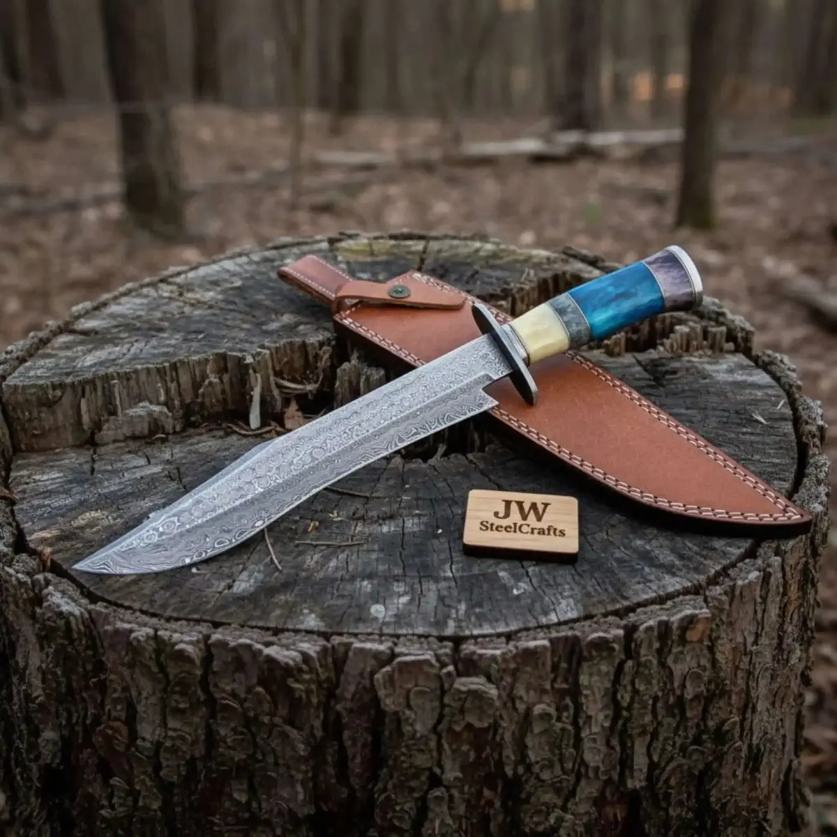 Handmade Damascus Clip Point Bowie Knife Stacked Handle Fixed Blade Hunting Knife Jw Steelcrafts 1