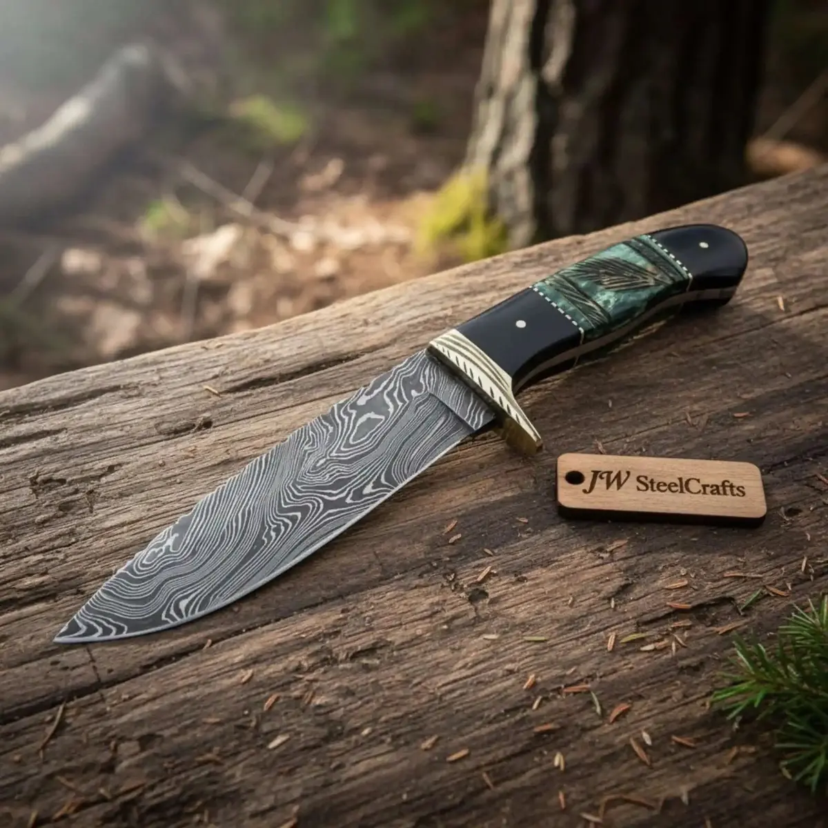 Handmade Damascus Compact Clip Point Bowie Knife, Custom Handle Fixed Blade 1