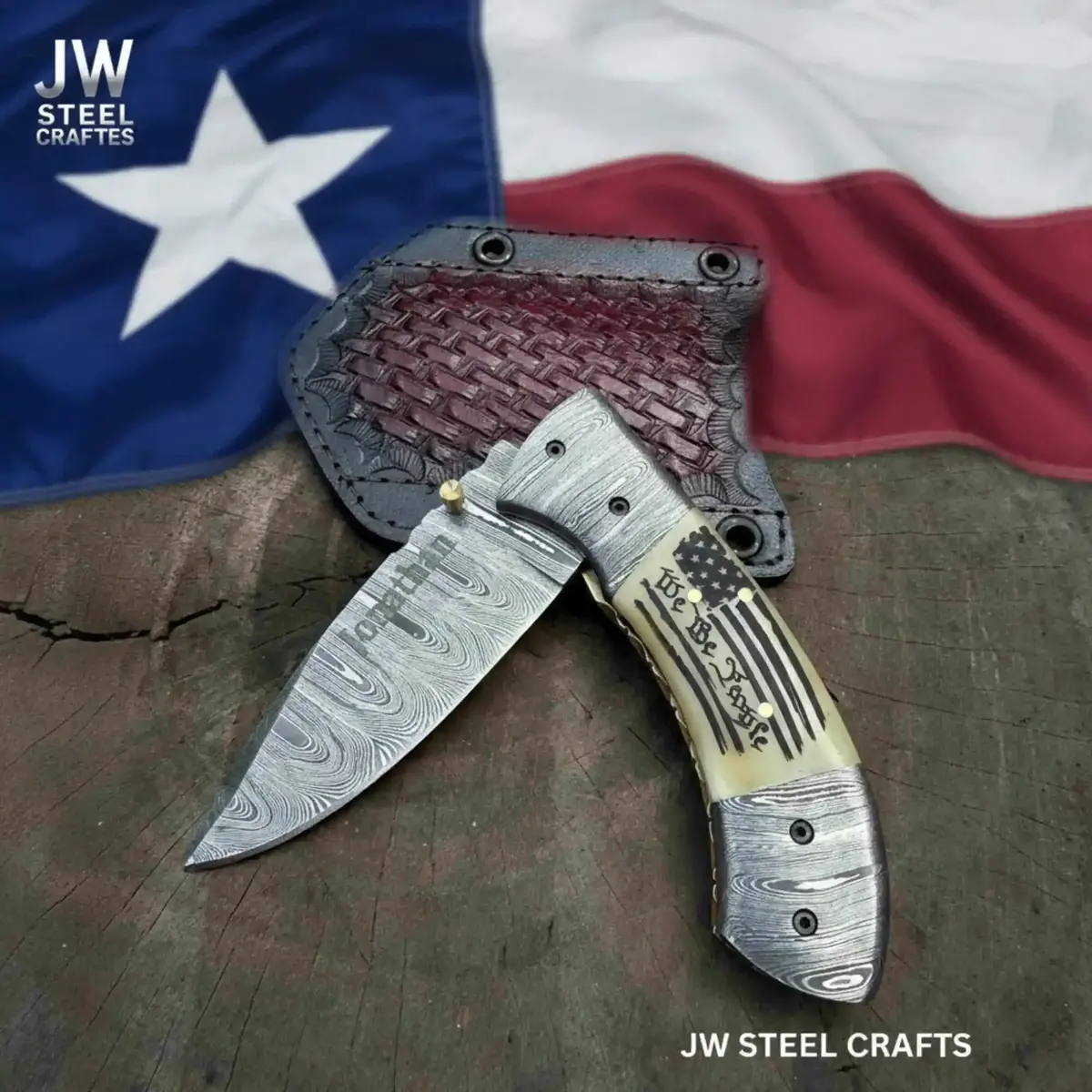 Handmade Damascus Drop Point Folding Knife – American Flag Handle, Edc Pocket Knife 1