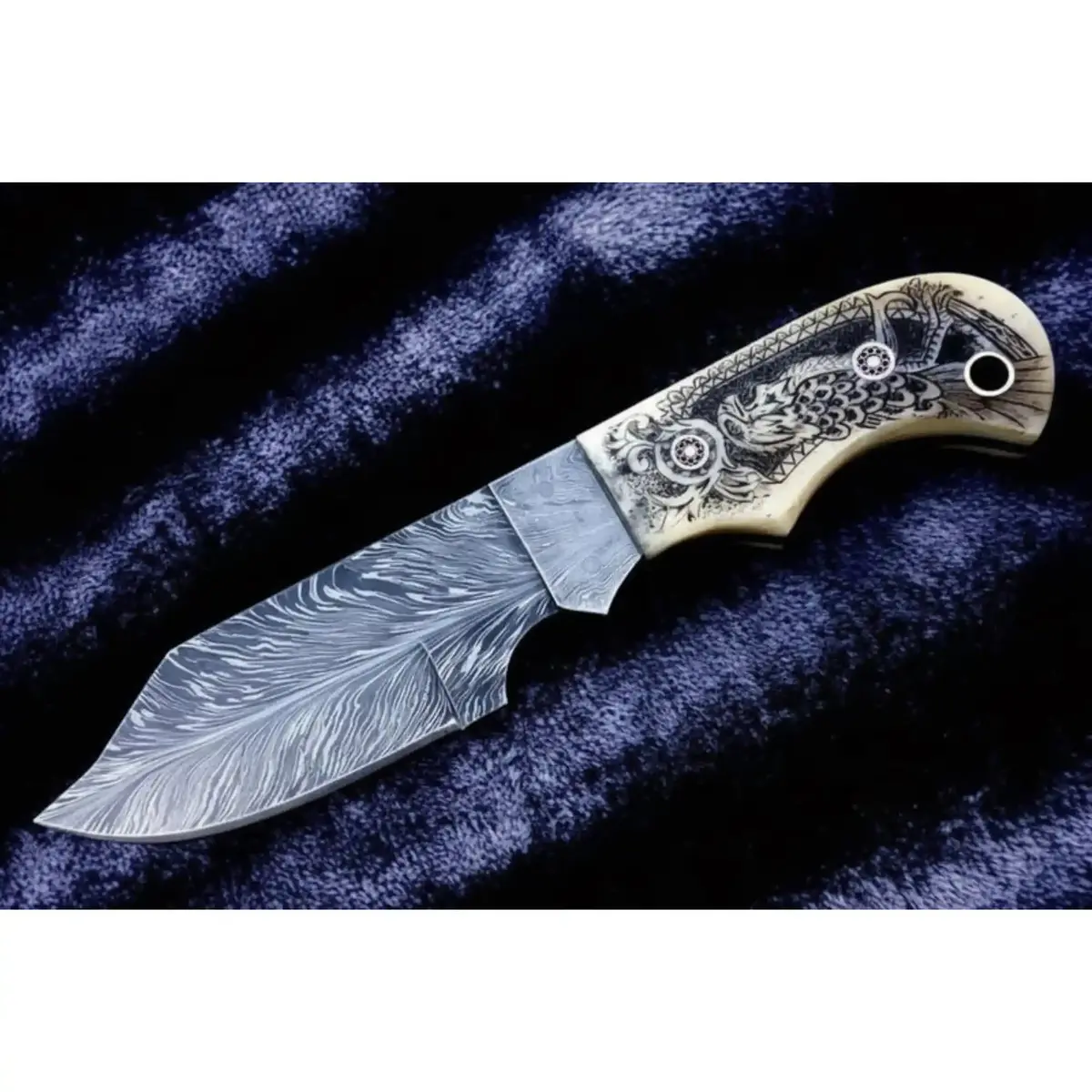 Handmade Damascus Drop Point Hunting Knife With Engraved Bone Handle And Leather Sheath 1