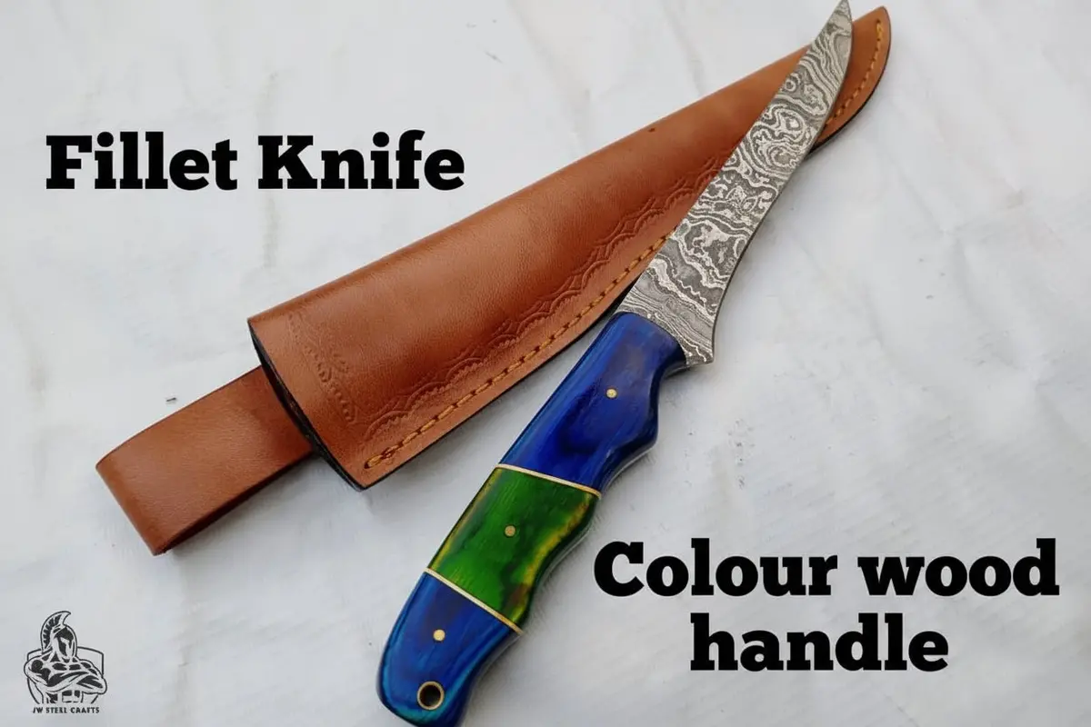 Handmade Damascus Fillet Knife – 10 Inch Overall, 5 Inch Precision Fish Filleting Blade With Colored Wood Handle, Full Tang Fishing Knife With Leather Sheath, Jw Steelcrafts 1