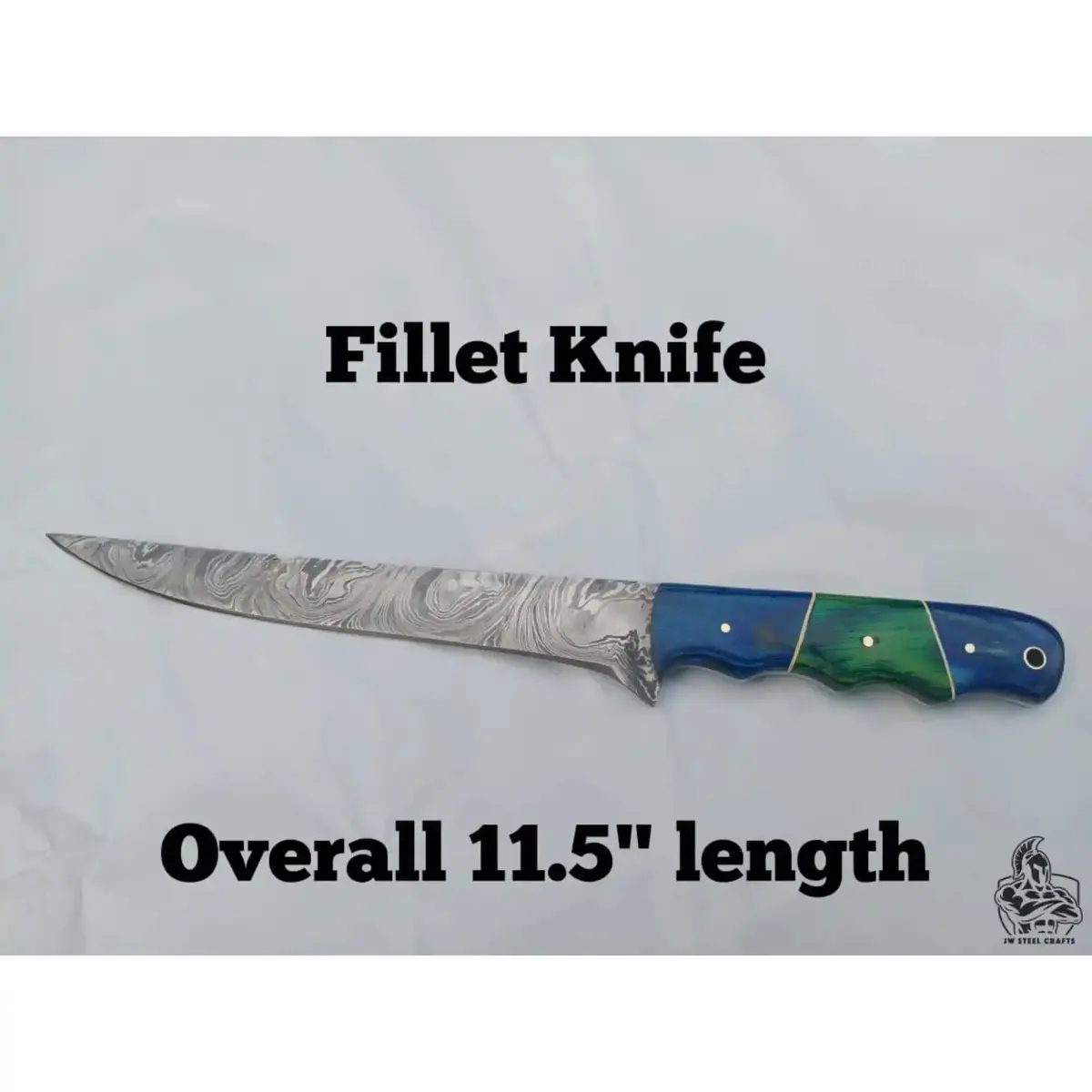 Handmade Damascus Fillet Knife – 11.5 Inch Overall Length, Flexible Fish Filleting Blade With Colored Wood Handle, Full Tang Fishing Knife With Leather Sheath, Jw Steelcrafts 1