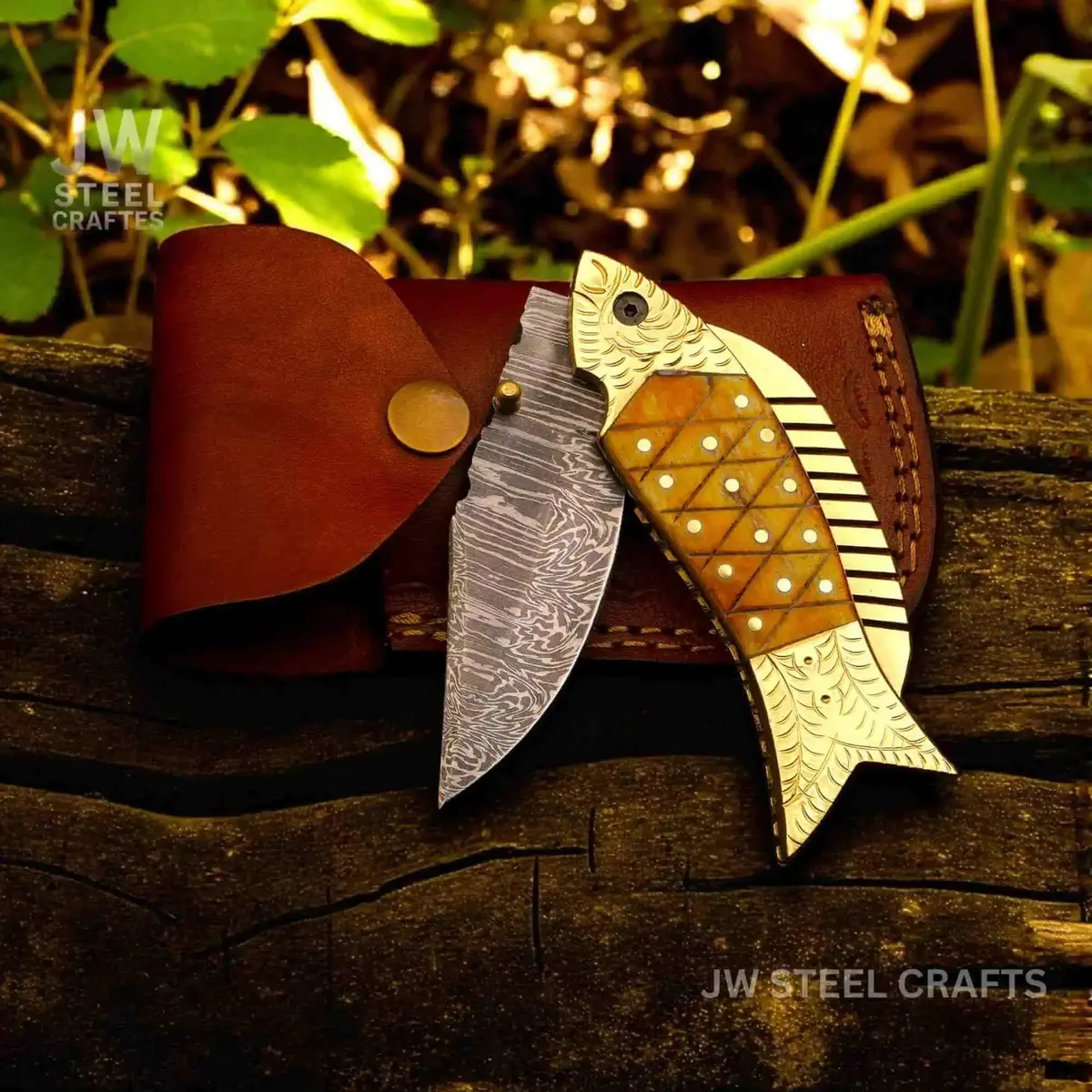 Handmade Damascus Fish Folding Knife – Bone Handle With Brass Bolster 1