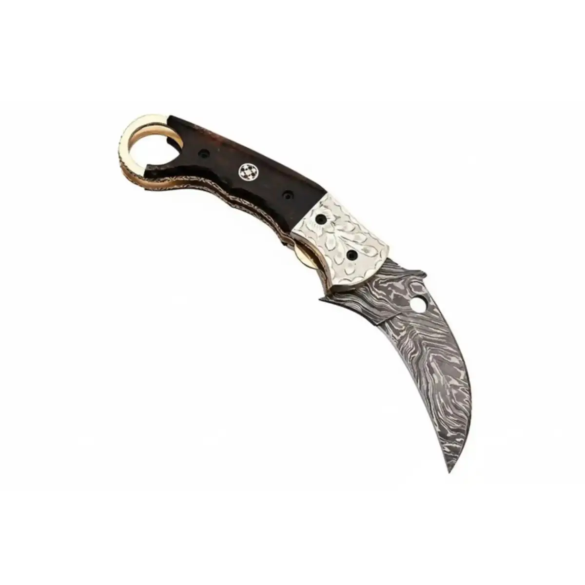 Handmade Damascus Folding Karambit Knife With Ring Handle, Dark Wood Grip & Engraved Bolster 1
