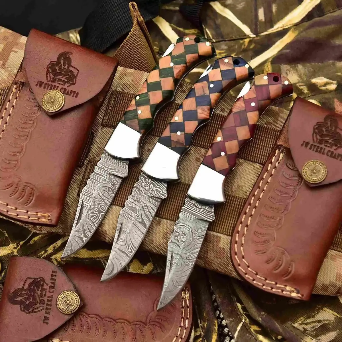 Handmade Damascus Folding Knife – Checker Pattern Wood Handle (Red, Green, Blue) With Leather Sheath 1