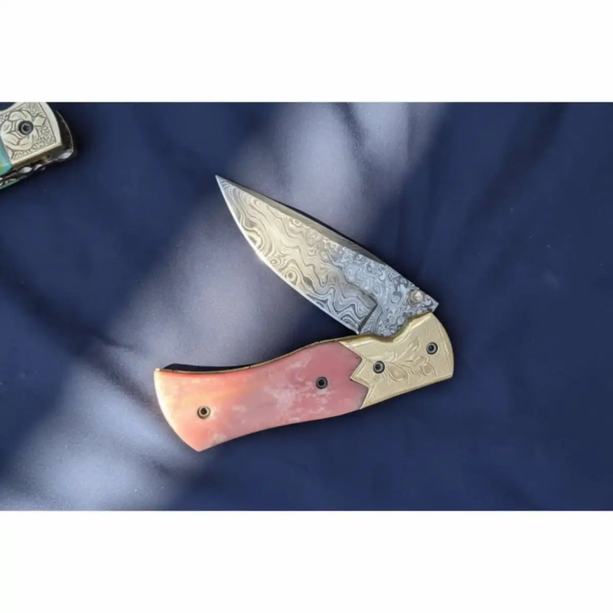 Handmade Damascus Folding Knife – Pink Colored Bone Handle With Brass Bolster | Pocket Knife 1