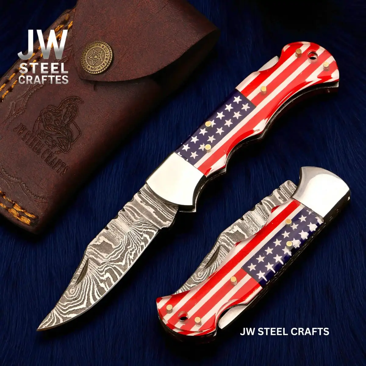 Handmade Damascus Folding Knife – Ram Horn Or American Flag Handle 1