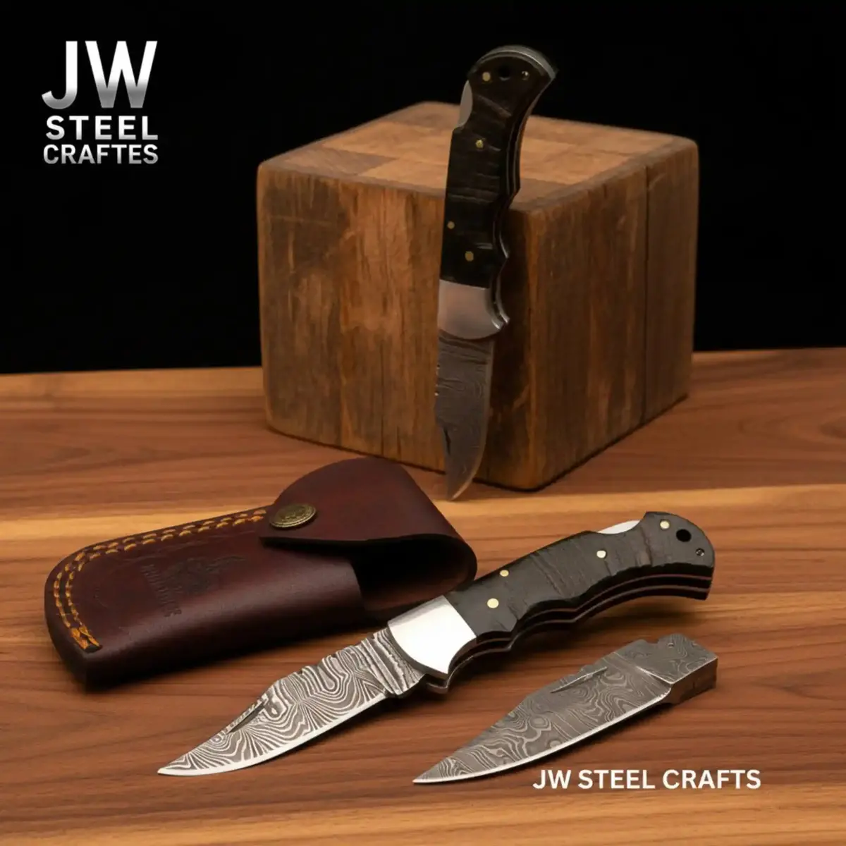 Handmade Damascus Folding Knife – Ram Horn Or American Flag Handle 2