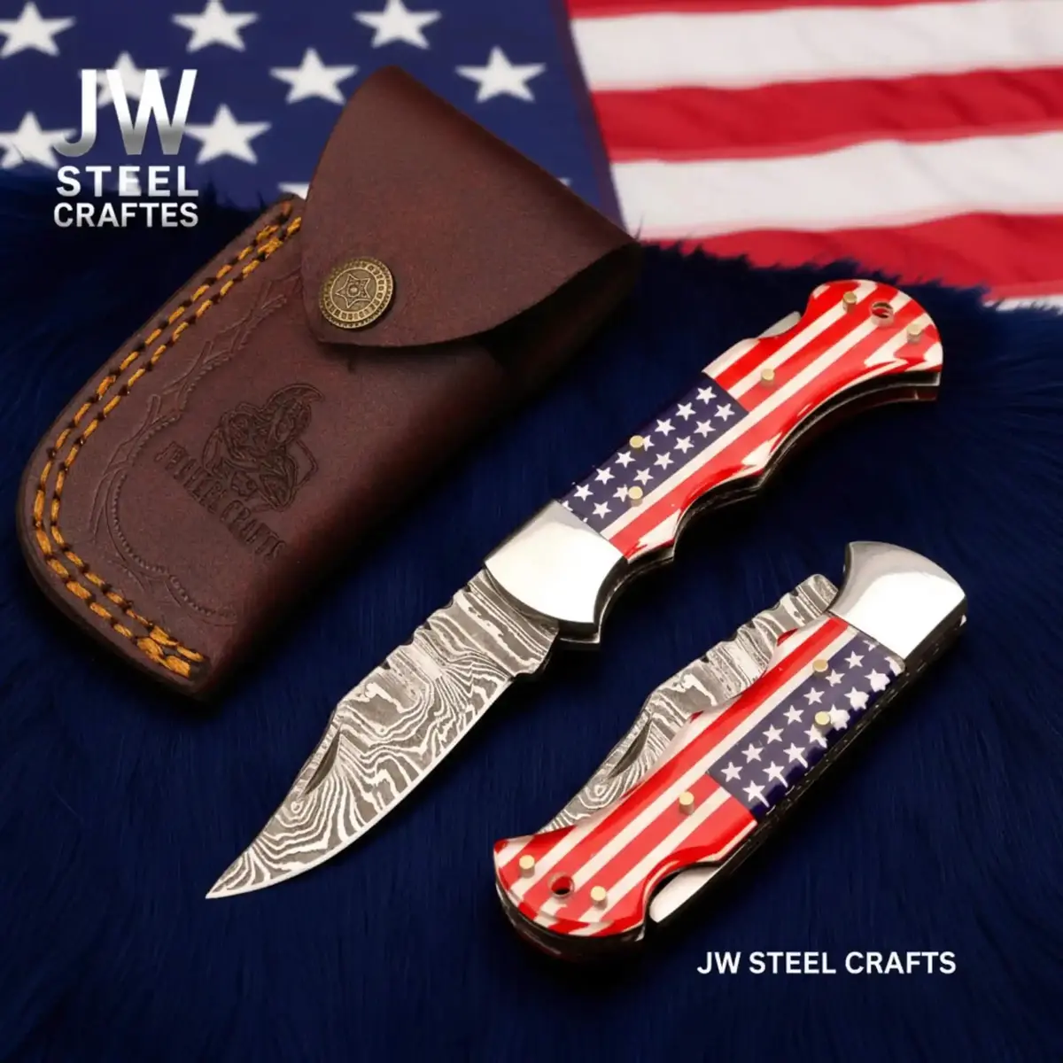 Handmade Damascus Folding Knife – Ram Horn Or American Flag Handle 2
