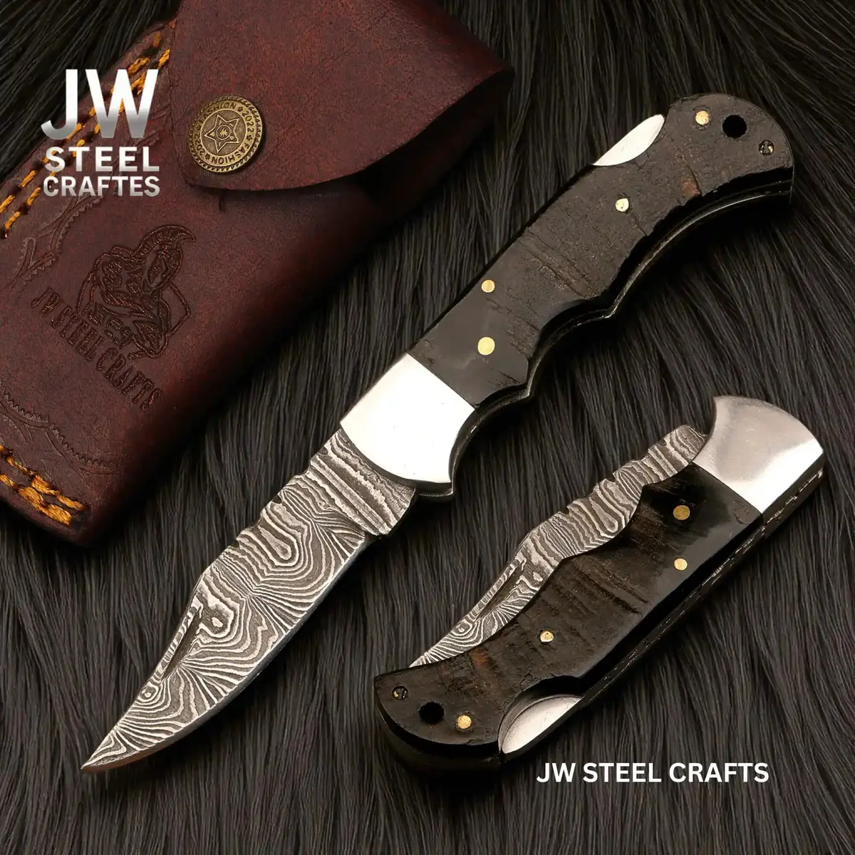 Handmade Damascus Folding Knife – Ram Horn Or American Flag Handle 1