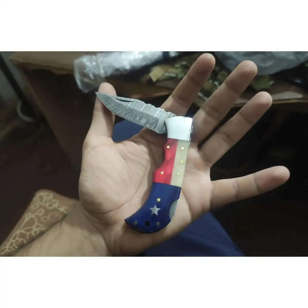 Handmade Damascus Folding Knife – Tricolor Resin Handle (Red, White & Blue) With Leather Sheath 1