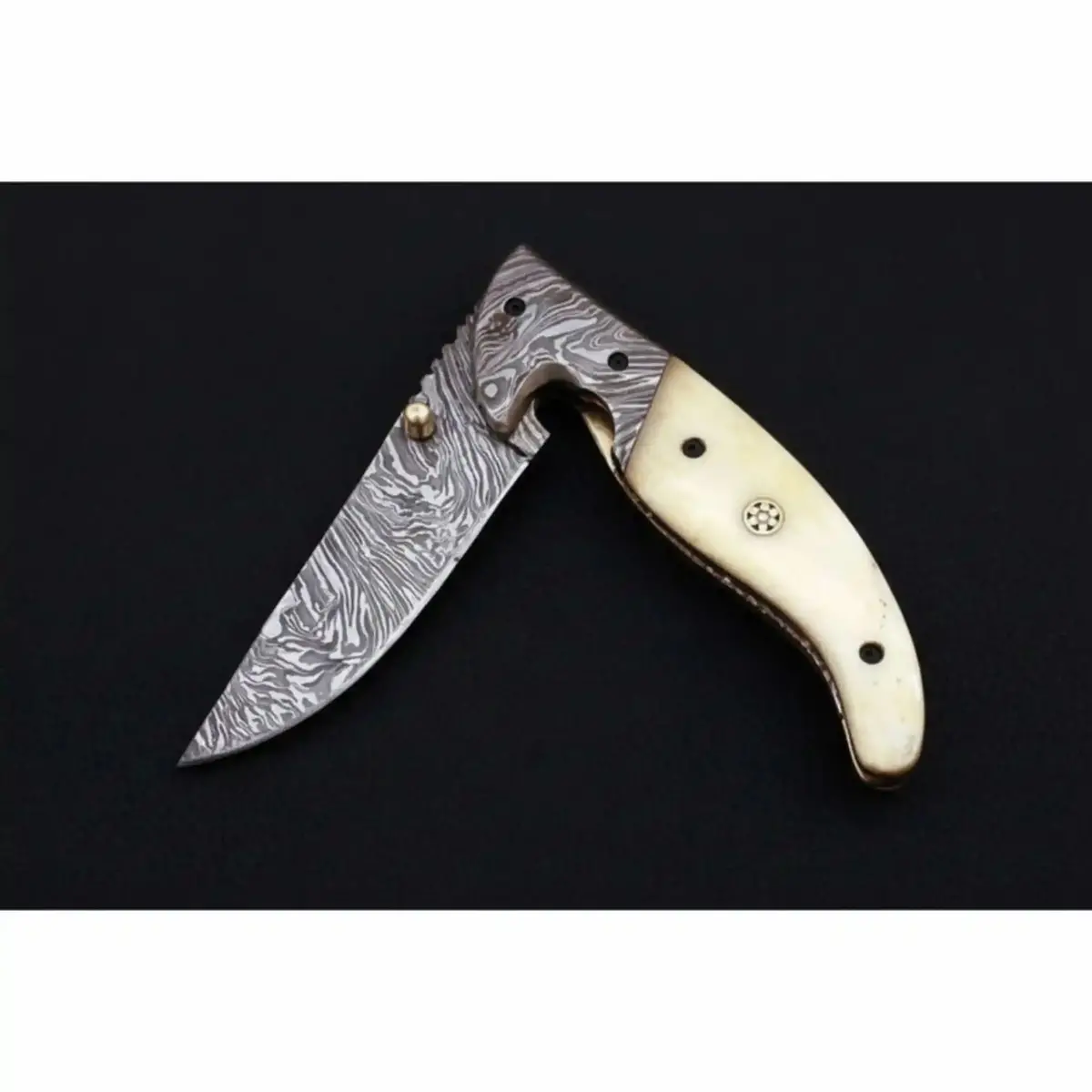 Handmade Damascus Folding Knife With Bone Handle – Compact Edc Pocket Knife With Leather Sheath 1