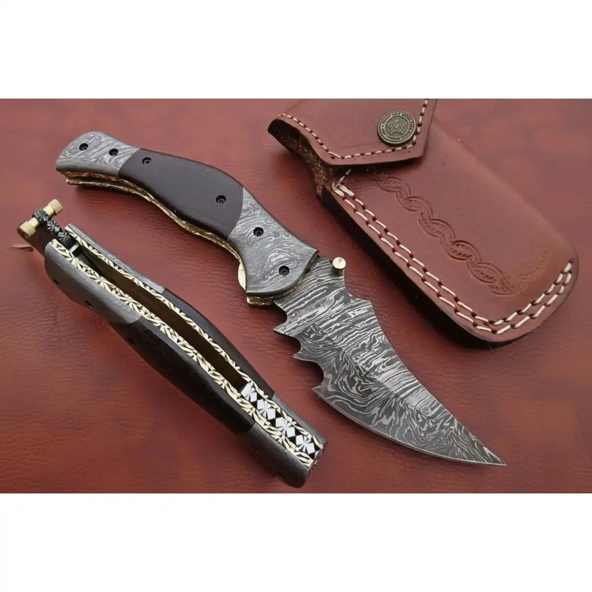 Handmade Damascus Folding Knife With Dark Wood Handle & Spine Jimping – Custom Edc Pocket Knife By Jw Steelcrafts 1