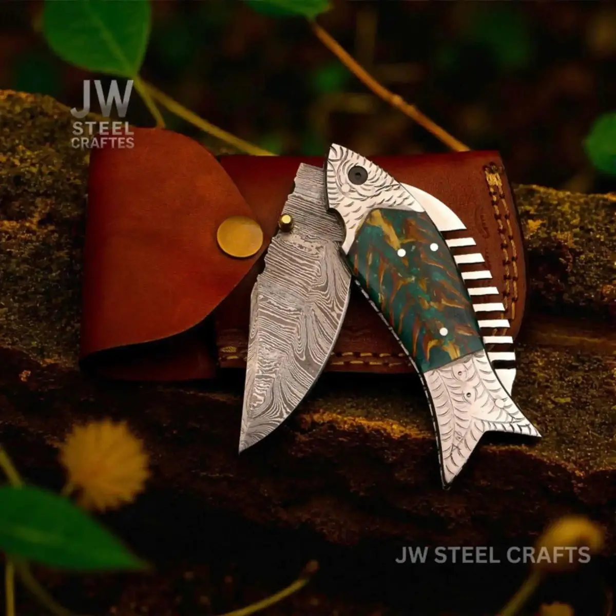 Handmade Damascus Folding Knife With Green Pinecone Resin Handle 1