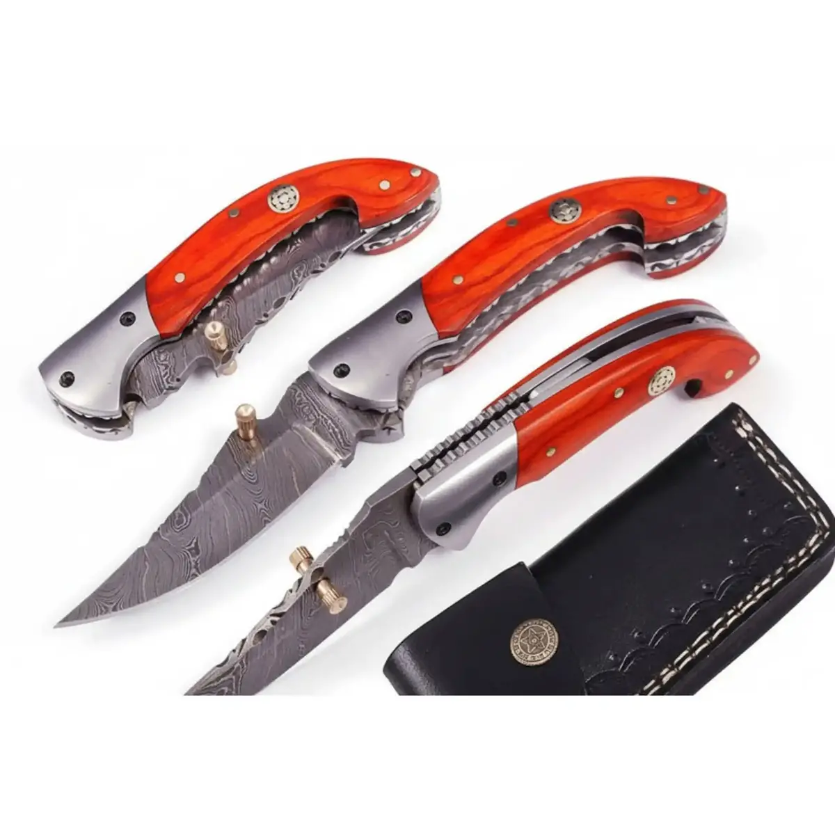 Handmade Damascus Folding Knife With Orange Pakka Wood Handle & Leather Sheath 1
