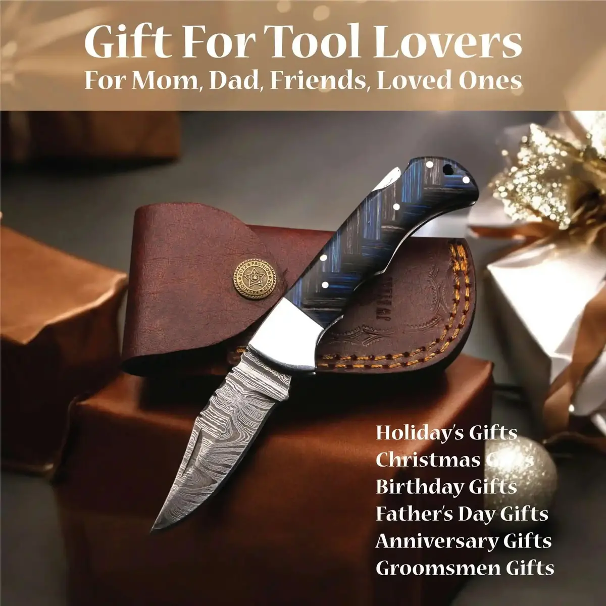 Handmade Damascus Folding Knife With Pakka Wood Handle & Leather Sheath 1