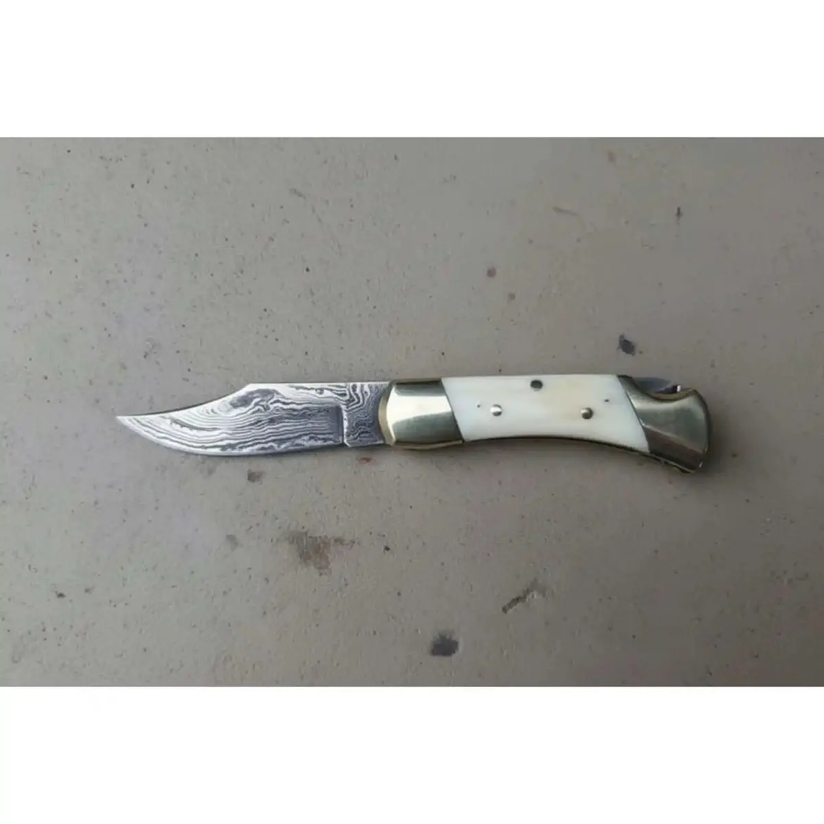 Handmade Damascus Folding Pocket Knife – Bone Handle With Brass Bolsters 1