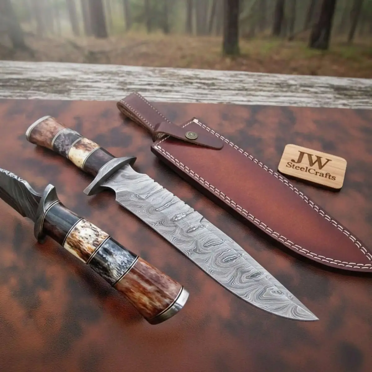 Hand-Forged Damascus Bowie Knife With Coffin Style Stacked Wood Handle 1