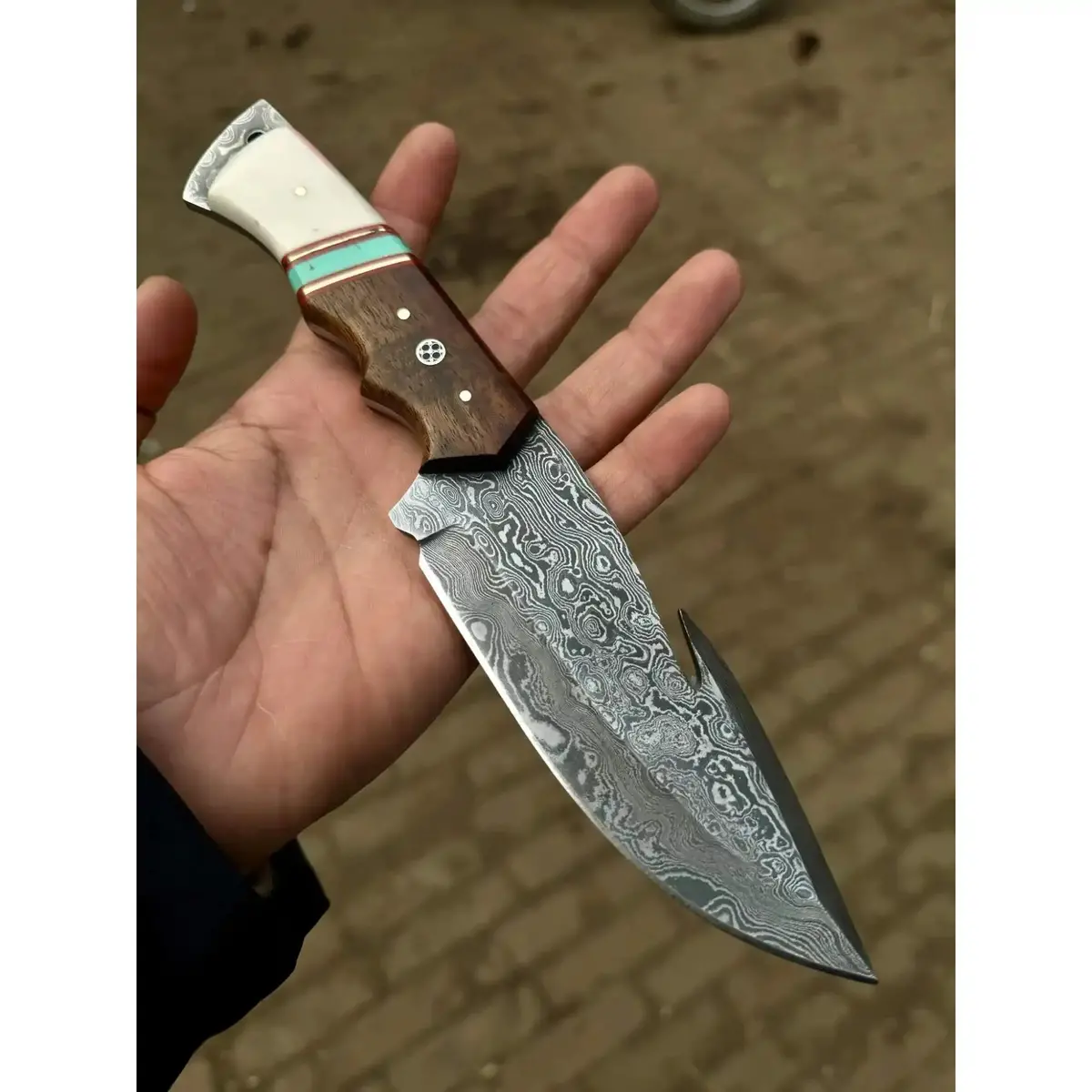 Handmade Damascus Gut Hook Hunting Knife Bone And Rosewood Handle With Leather Sheath 1
