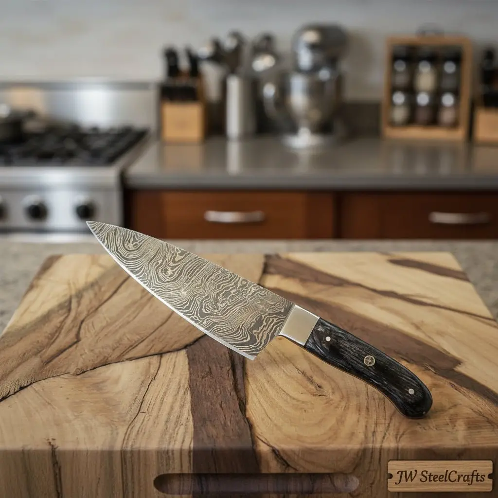 Custom Damascus Gyuto Chef Knife, Handmade Professional Cooking Knife With Steel Bolster By Jw Steel 1