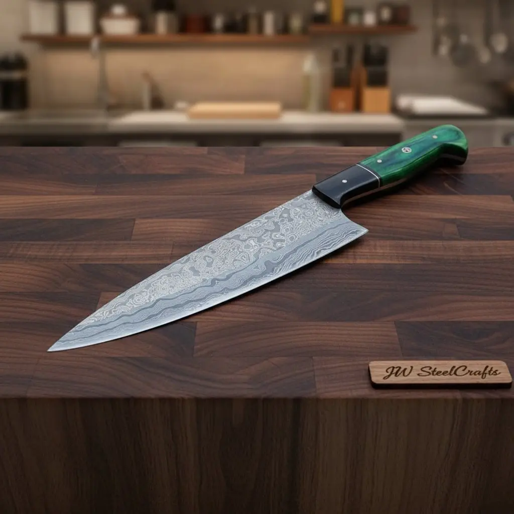 Handmade Damascus Gyuto Chef Knife, Full Tang Professional Kitchen Knife With Green Wood And Black Resin Handle, Forged Damascus Steel Culinary Cooking Knife, Jw Steelcraft 1
