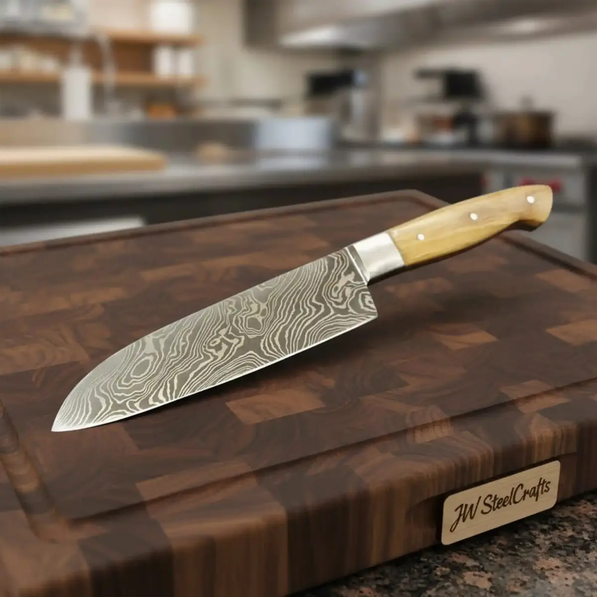 Handmade Damascus Gyuto Chef Knife — Steel Bolster, Olive Wood Handle, Mosaic Pin, Full Tang 1