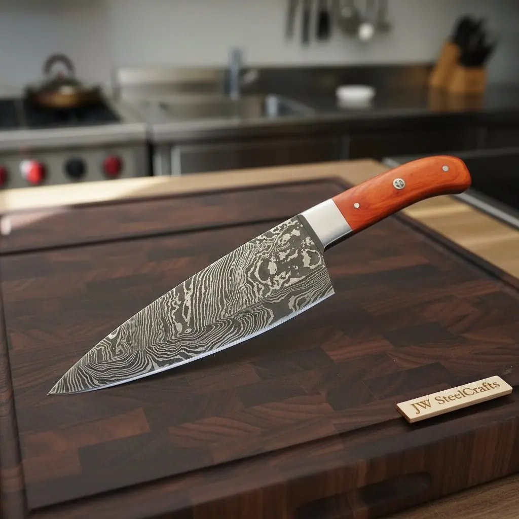 Damascus Gyuto Knife With Layered Steel Blade & Orange Wood Handle For Precision Slicing 1