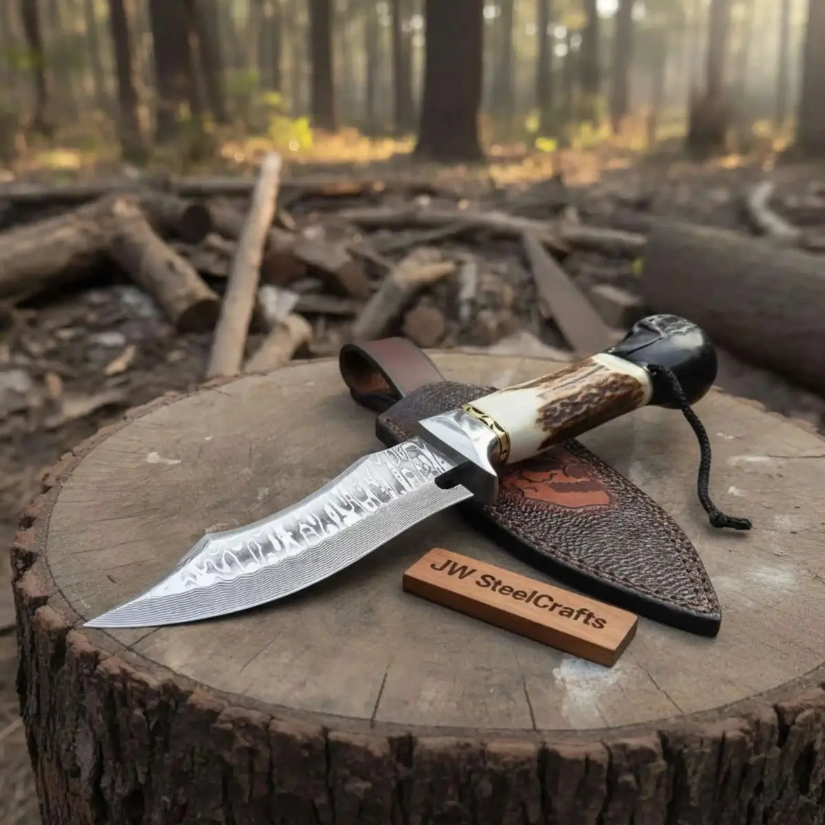 Handmade Damascus Hunting Knife With Stag Antler Handle & Custom Leather Sheath 1