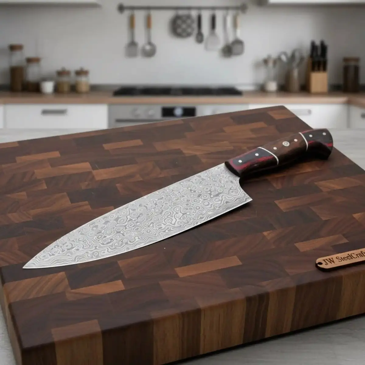 Handcrafted Damascus Kiritsuke Chef Knife With Raindrop Pattern Blade, Red And Black Handle 1