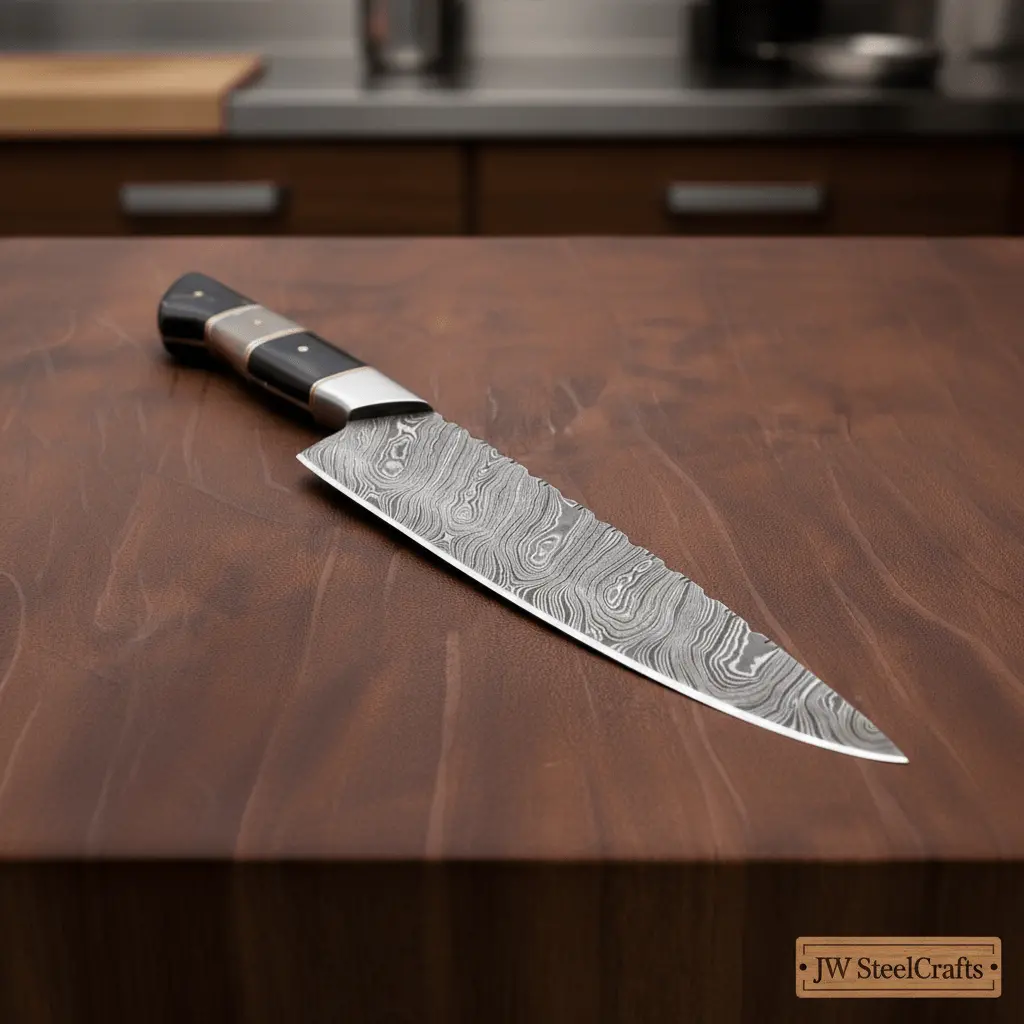 Damascus Kiritsuke Chef Knife With Raindrop Pattern Blade And Red/Black Pakka Wood Handle 1