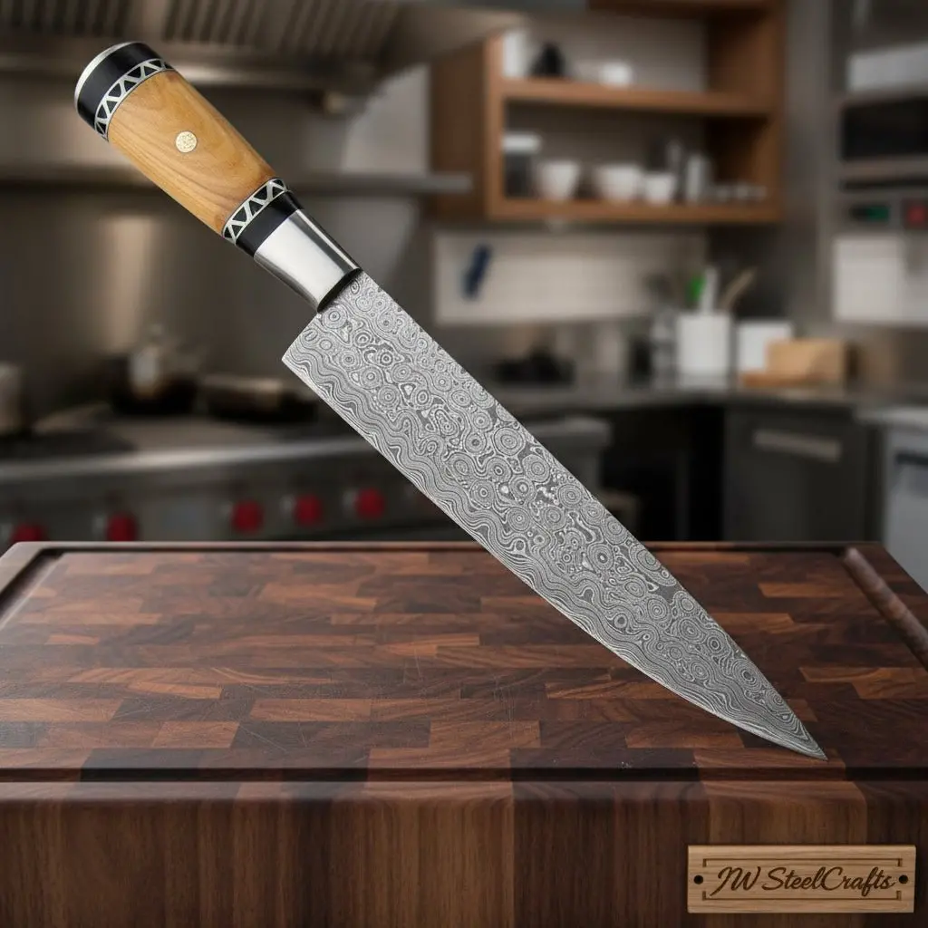 Hand-Forged Damascus Kiritsuke Chef Knife, Japanese Steel With Olive Wood Handle 1
