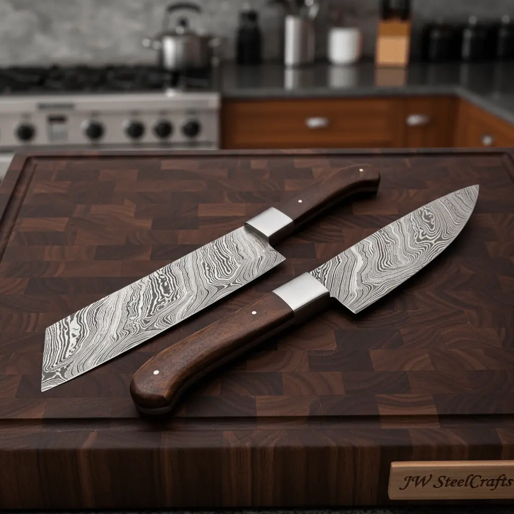 Handmade Damascus Kiritsuke Gyuto And Gyuto Knife Set Of 2, Japanese Kitchen Knife Set, Forged Damascus Steel Chef Knife Set, Walnut Wood Handles, Jw Steelcrafts 1