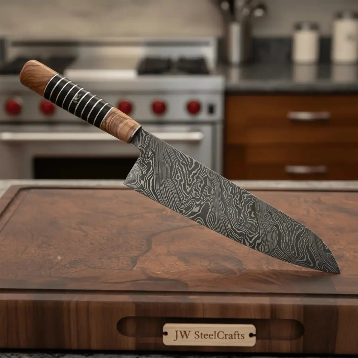 Forged Damascus Kiritsuke Chef Knife, Handmade Japanese Gyuto Knife, Hybrid Wood Handle 1