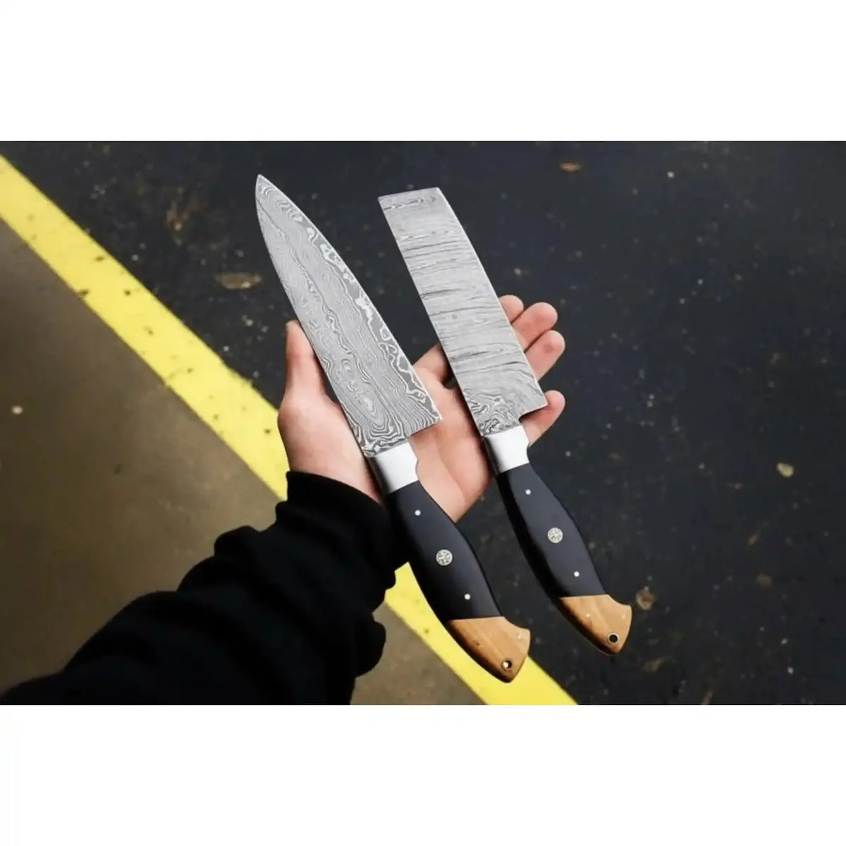 Damascus Kitchen Set: Western Chef Knife & Chinese Cleaver, Olive/Black Pakka Wood 1