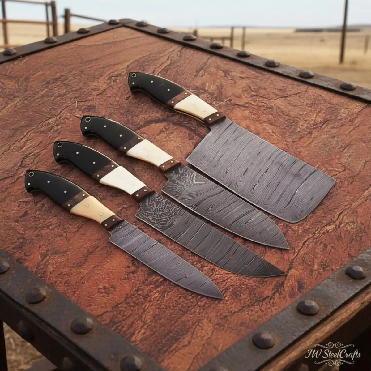 5 Piece Handmade Damascus Kitchen Knife Set With Black Resin White Bone And Rosewood Handles 1