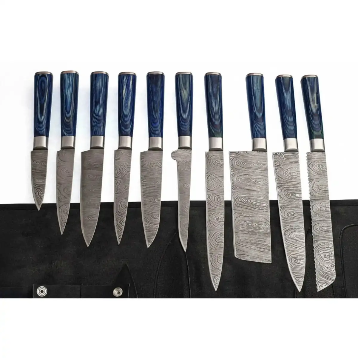 Handmade Damascus Kitchen Knife Set Of 10 Blue Wood Handles Chef Santoku Cleaver Bread Utility Knives Full Tang 1