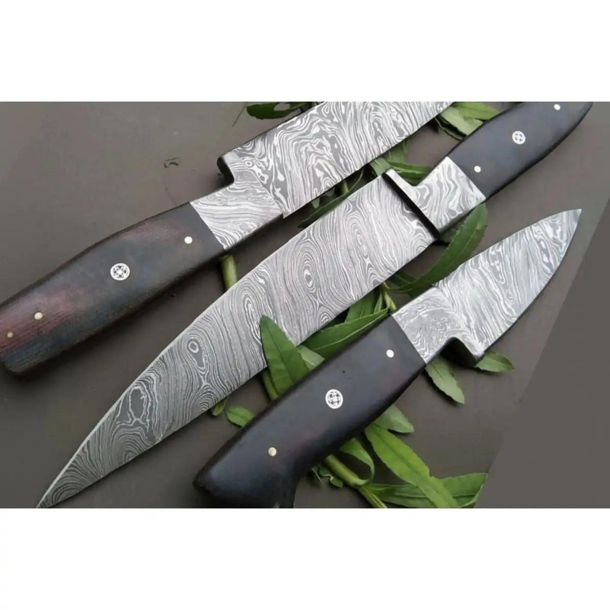 3-Piece Handmade Damascus Kitchen Knife Set, Full Tang Twisted Pattern Steel, Black Micarta Handles 1