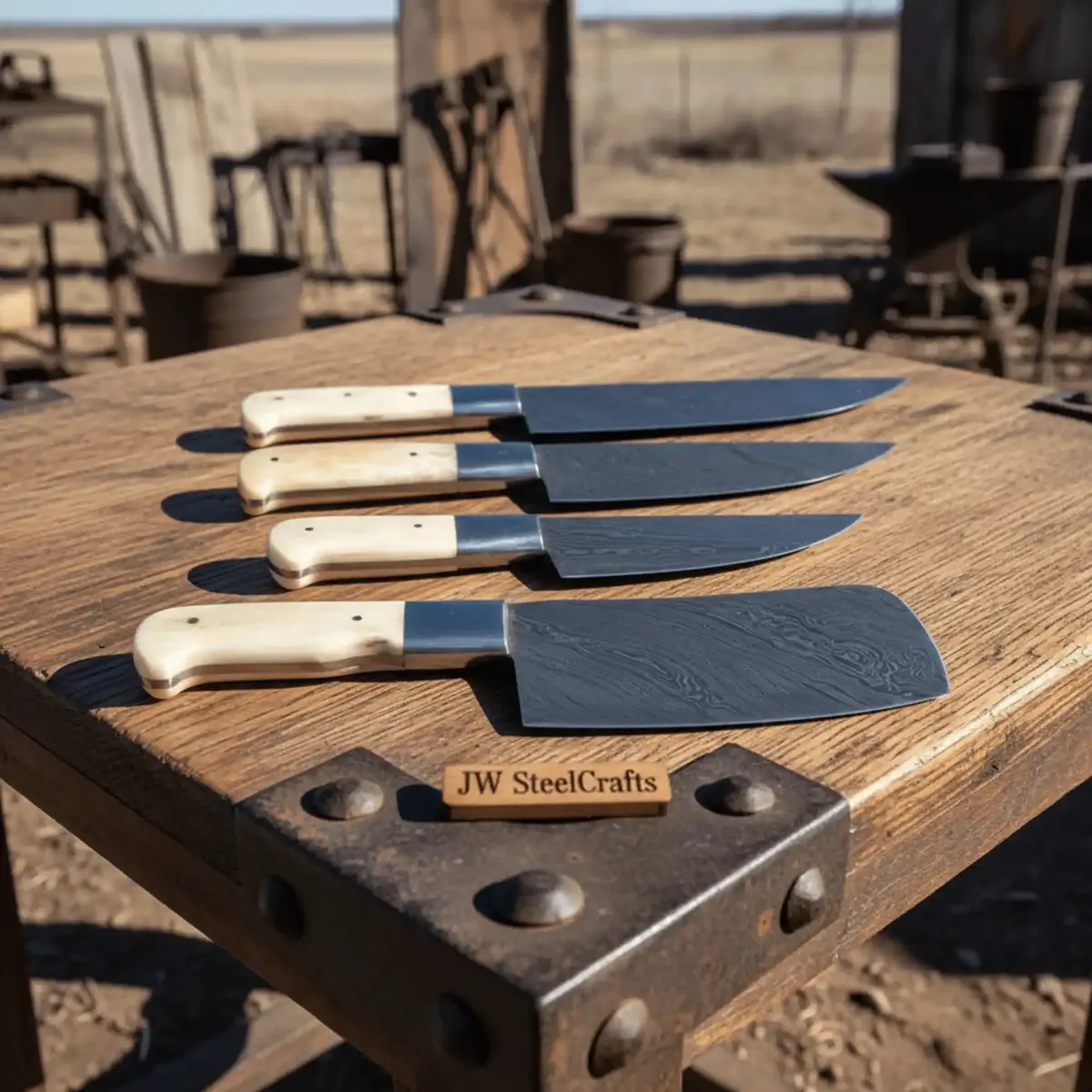 Handmade Damascus Kitchen Knife Set Of 4, White Bone Handle Chef Knife Collection, Full Tang Forged Damascus Steel Cooking Knife Set, Custom Culinary Gift Set 1