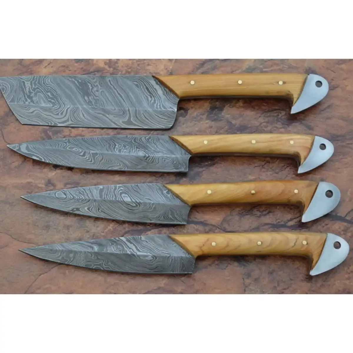 Handmade Damascus Kitchen Knife Set Of 4 With Natural Wood Handles, Full Tang Chef, Cleaver, Slicing And Utility Knives, Forged Damascus Steel Culinary Collection Jw Steelcrafts 1