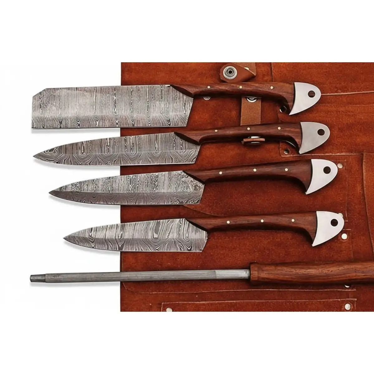 4-Piece Handcrafted Damascus Kitchen Knife Set With Rosewood Handles, Twisted Pattern, Leather Roll 1