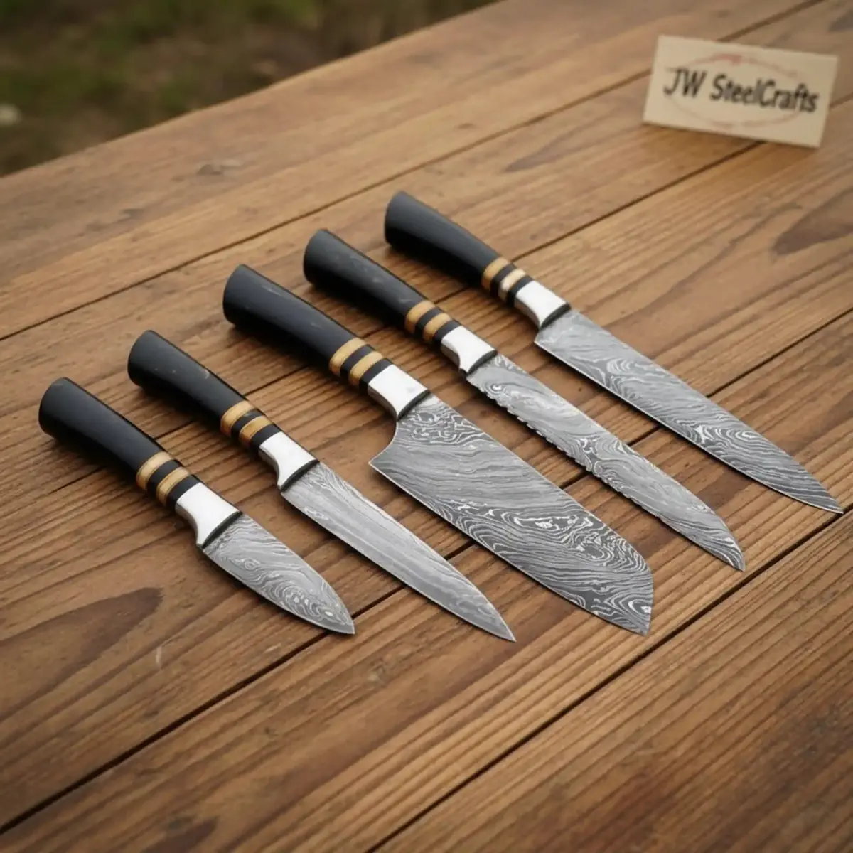 5-Piece Handmade Damascus Kitchen Knife Set With Chef, Santoku, Utility, Carving, Paring Knives 1