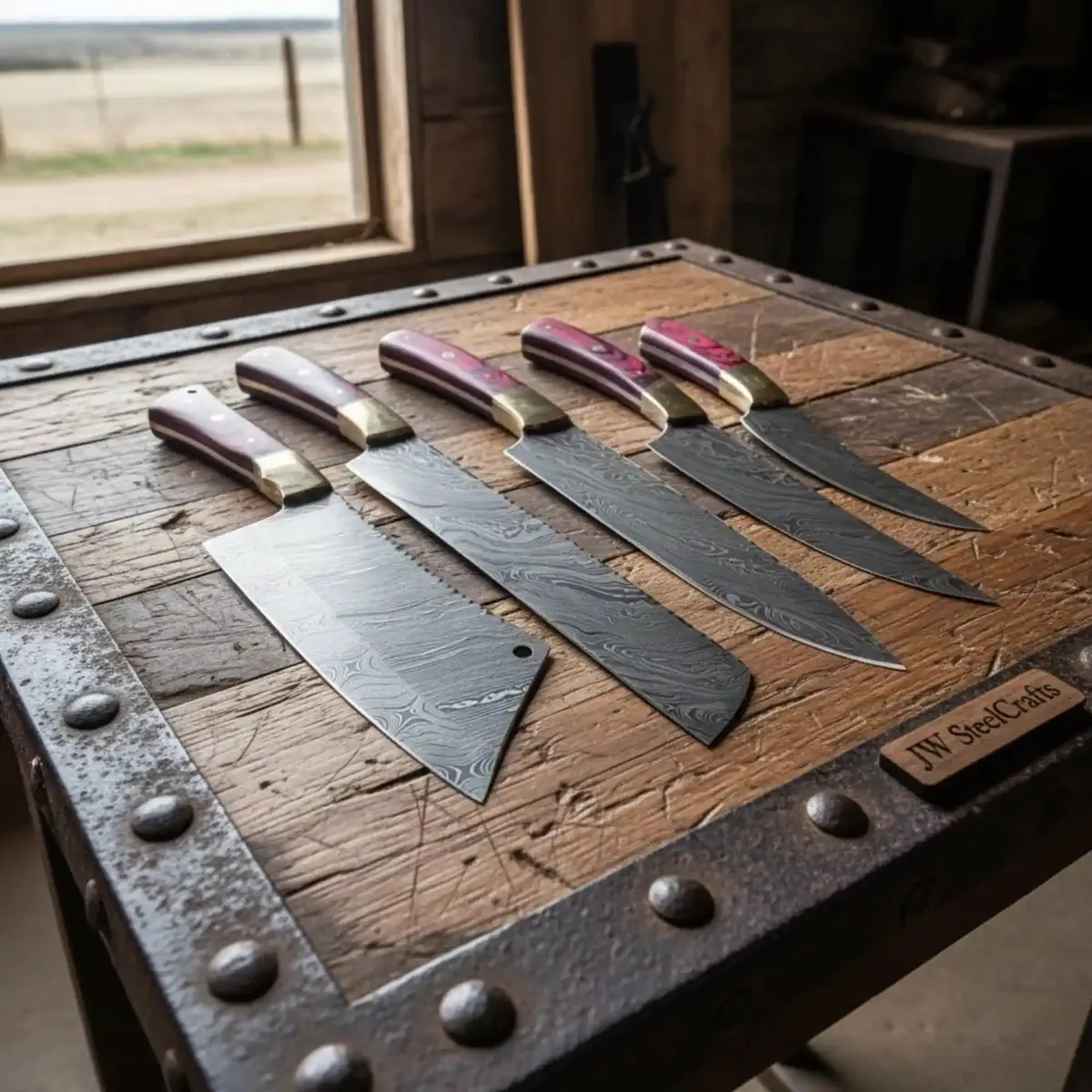 5-Piece Damascus Kitchen Knife Set With Red Pakka Wood Handles, Full Tang Twisted Pattern 1