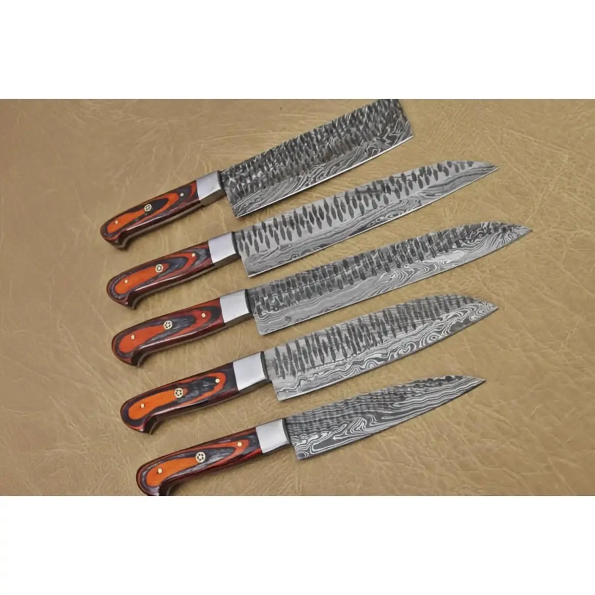 5-Piece Handmade Damascus Kitchen Knife Set With Red Pakka Wood Handles 1
