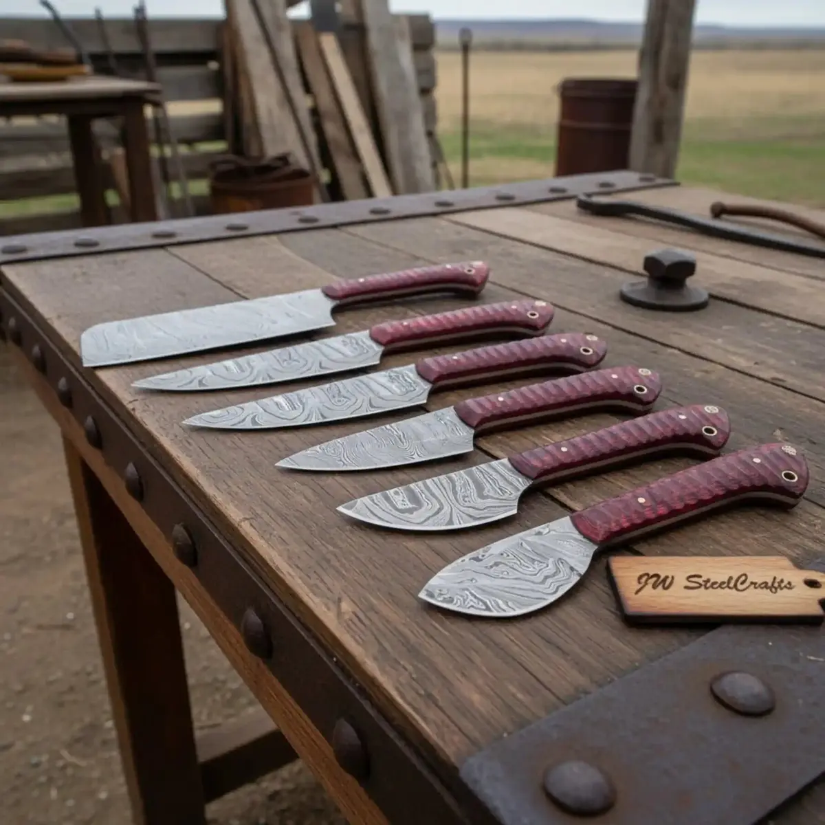 6-Piece Handmade Damascus Kitchen Knife Set With Red Wood Handles 1