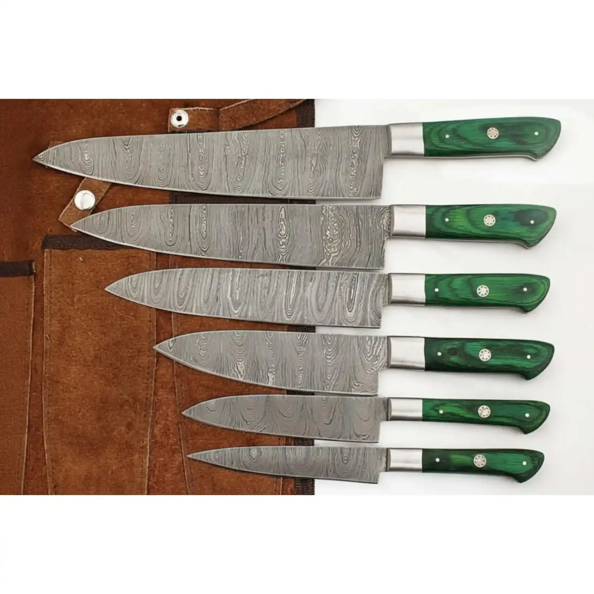 6-Piece Handmade Damascus Steel Kitchen Knife Set, Green Wood Handle, Professional Chef Culinary 1