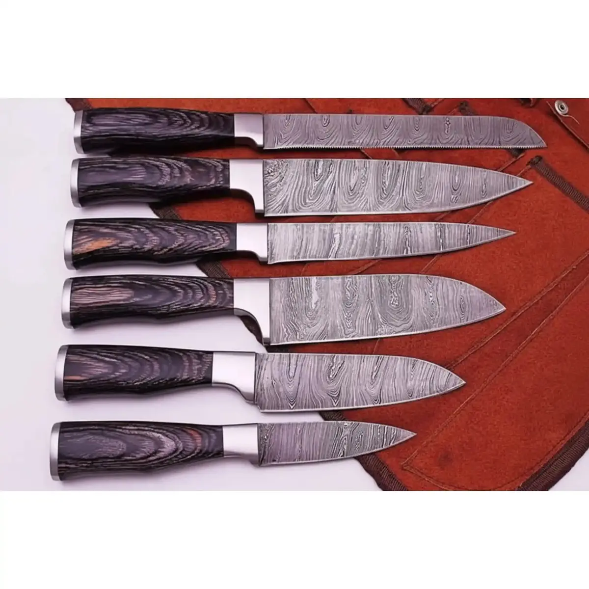Handcrafted Damascus Knife Set Of 6 Black Wood Handles Full Tang Chef, Bread, Utility Slicing Knives 1